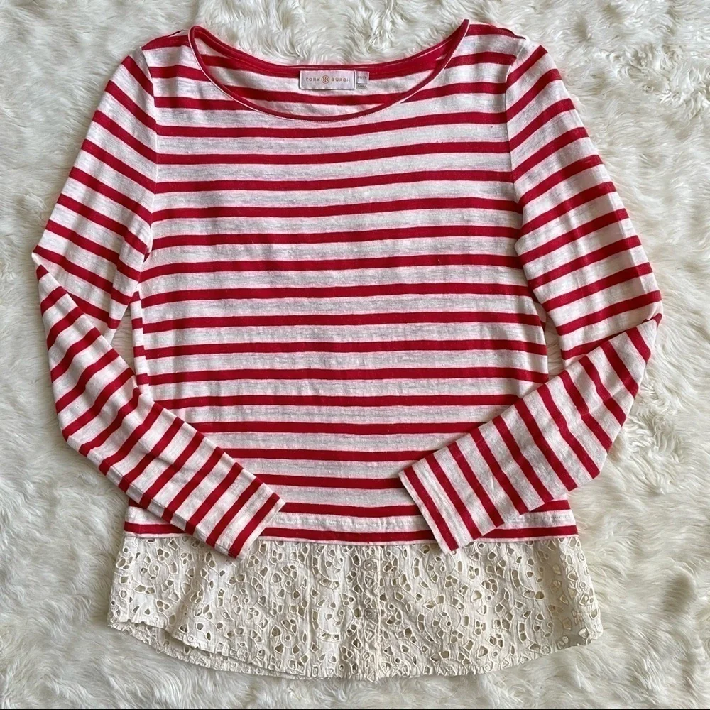 Tory Burch Blouse Top Linen Long Sleeve Eyelet Hem Stripes Red and Cream XS